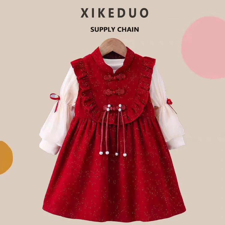 儿童裙子秋冬款公主裙中国风红色套装裙女童连衣裙长袖套装拜年服