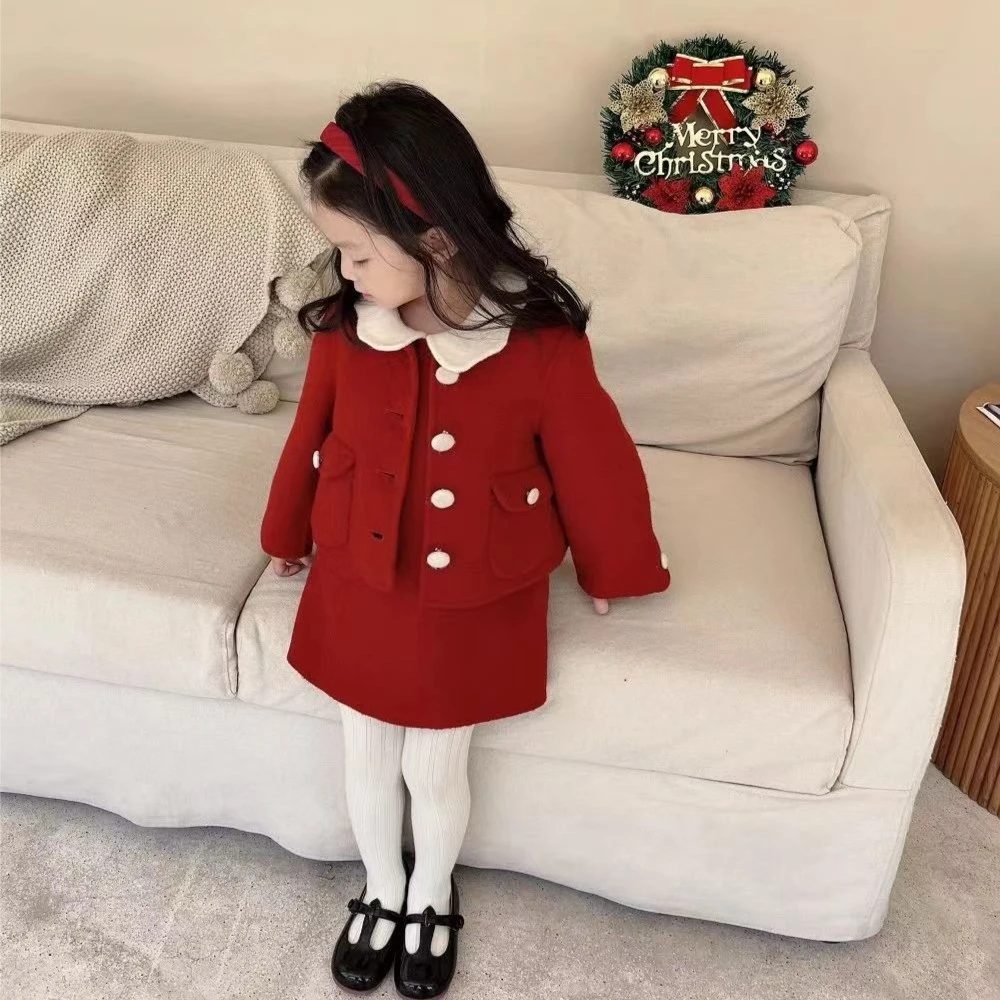 儿童拜年服红色毛呢小香风套装女童秋冬套装裙两件套娃娃领背心裙