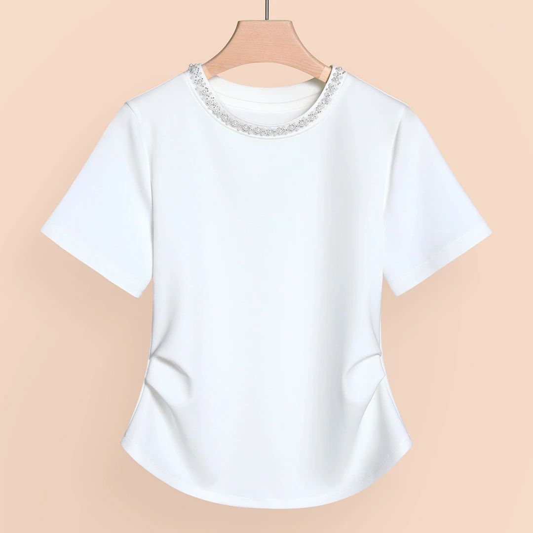 夏季女人味短袖t恤高品质别致设计感钉珠圆领小众气质凉感上衣服