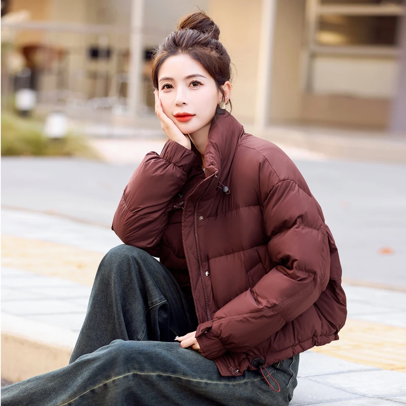 专柜品质高档时尚显瘦短款立领加厚羽绒服女外套保暖白鸭绒面包服