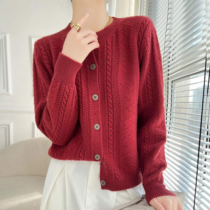 早春100%纯羊毛开衫女圆领纯色毛衣加厚扭花外套针织百搭短款上衣