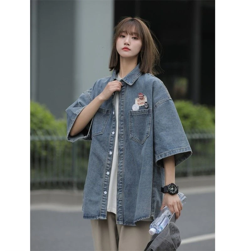 WSFHUN夏季新款潮流港风 2023夏季牛仔衣蓝色男女短袖 宽大运动风