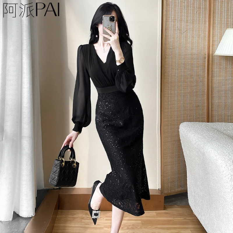 新款长袖轻奢连衣裙贵气高档性感网纱小黑裙气质收腰蕾丝鱼尾长裙