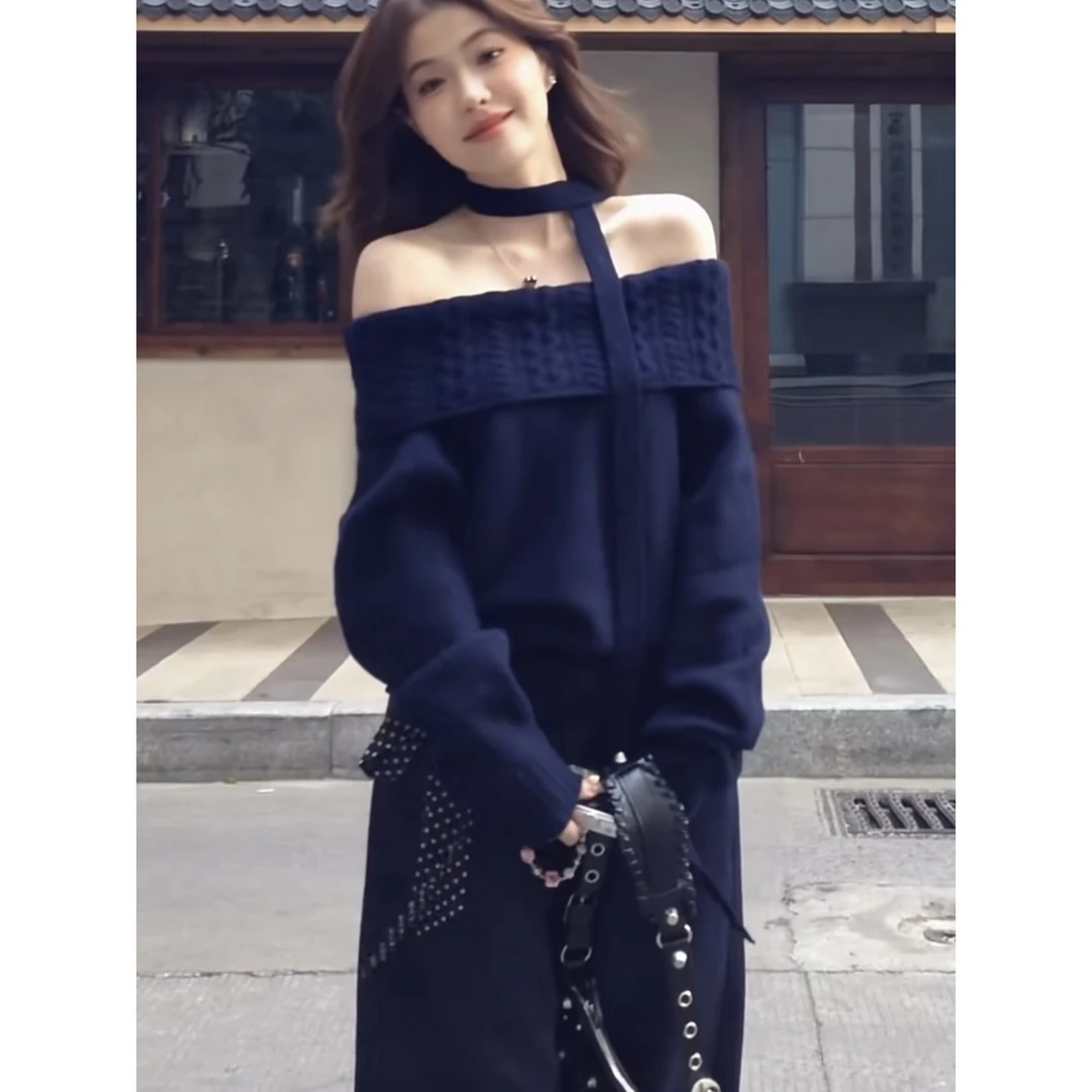 宋正恩藏蓝色一字肩毛衣女秋冬韩系修身显瘦针织衫高级感纯色上衣