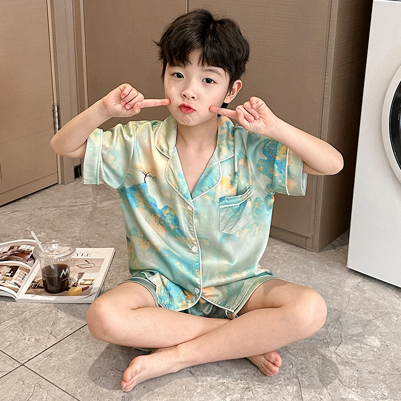 儿童睡衣套装男童冰丝短袖家居服2024新款夏空调服两件套大童套装