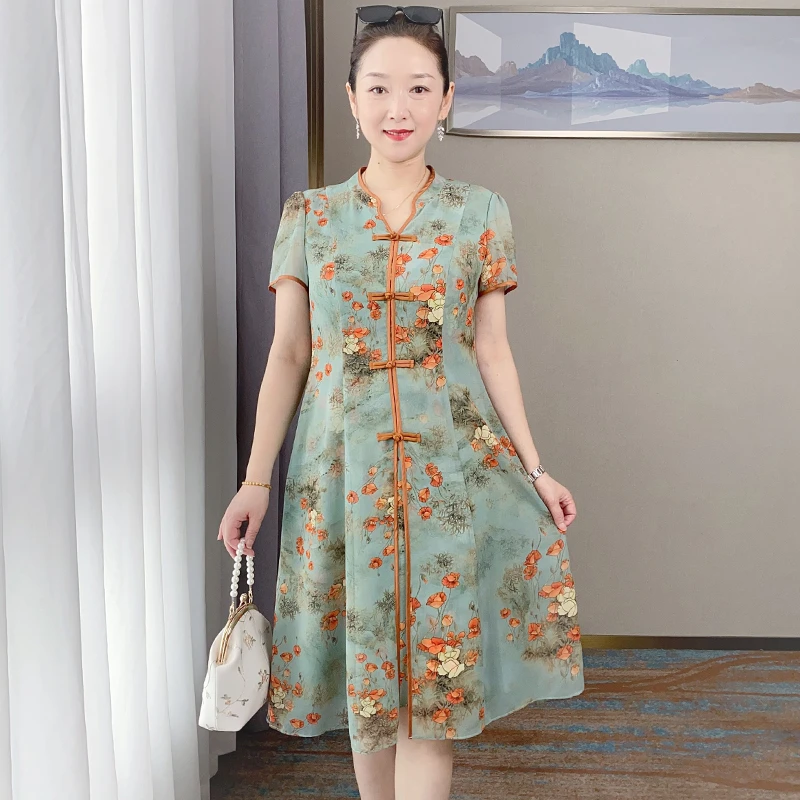 洋气妈妈夏装中长款连衣裙中年女裙子气质时尚过膝显瘦长裙23A089