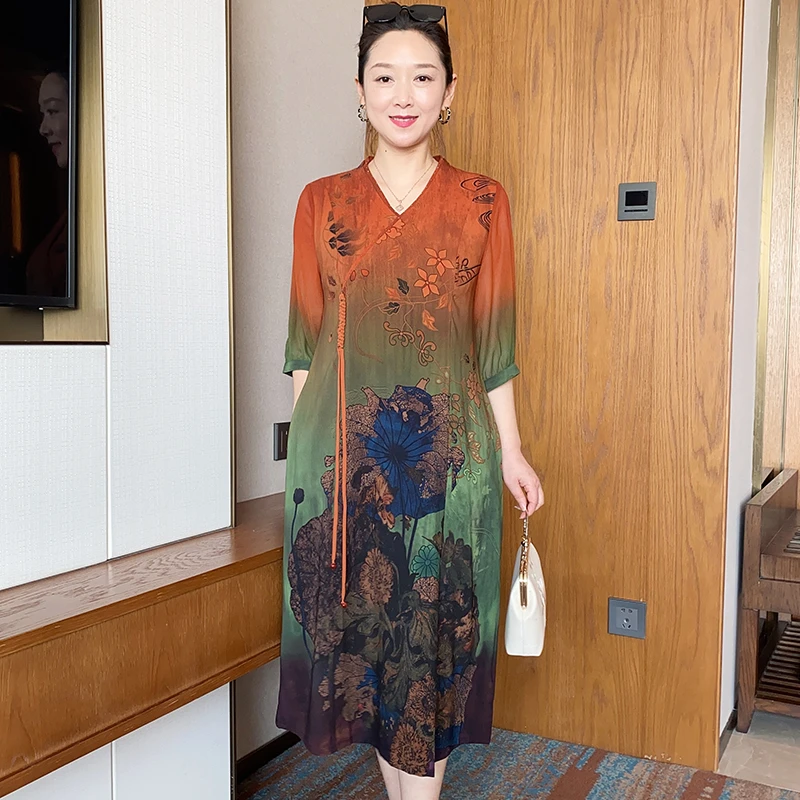SL妈妈夏装花色连衣裙中年女装时尚雪纺宽松妈妈装中老年裙63617