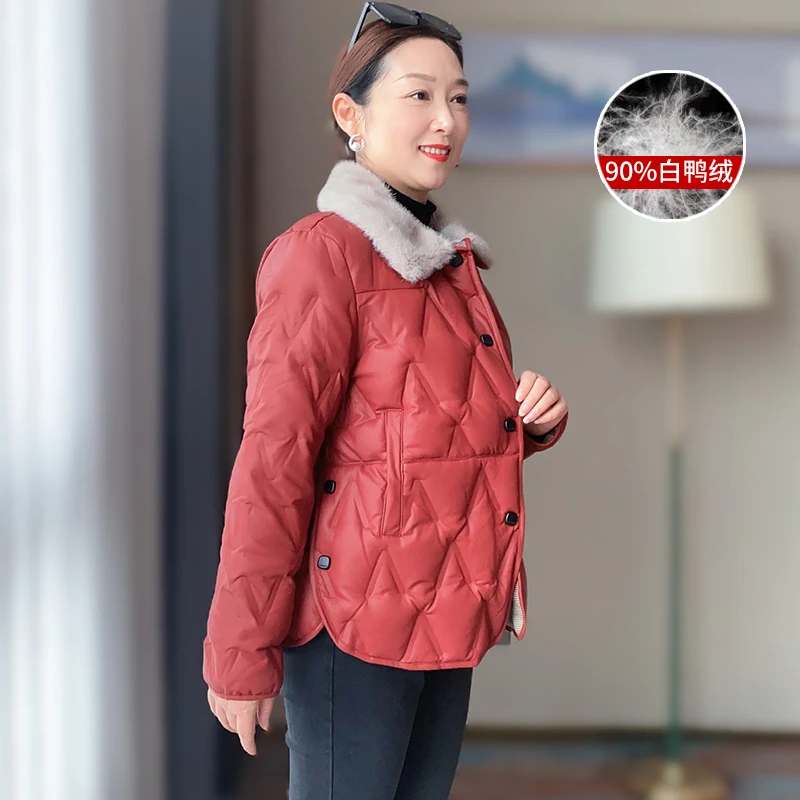 SL妈妈装短款羽绒服中年女装中老年冬季防寒保暖红色宽松外套2036