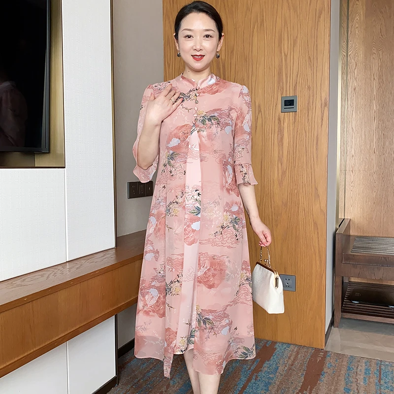 SL洋气妈妈夏装中长款连衣裙中年女裙子气质时尚过膝显瘦长裙2316