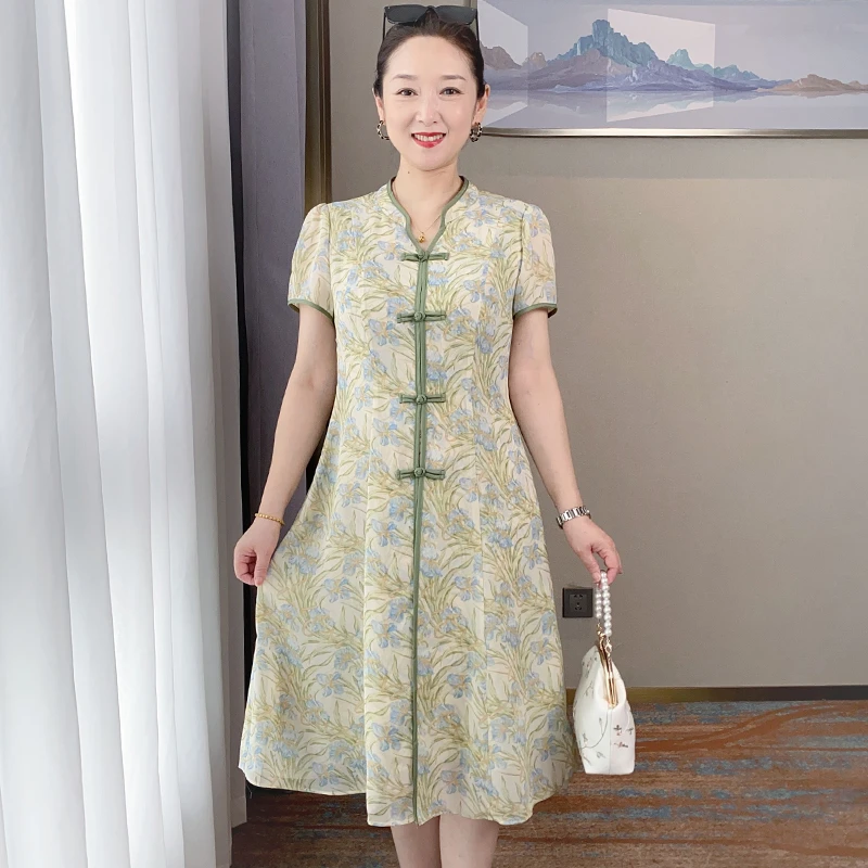 SL洋气妈妈夏装中长款连衣裙中年女装气质显瘦遮肚中长款裙23A089