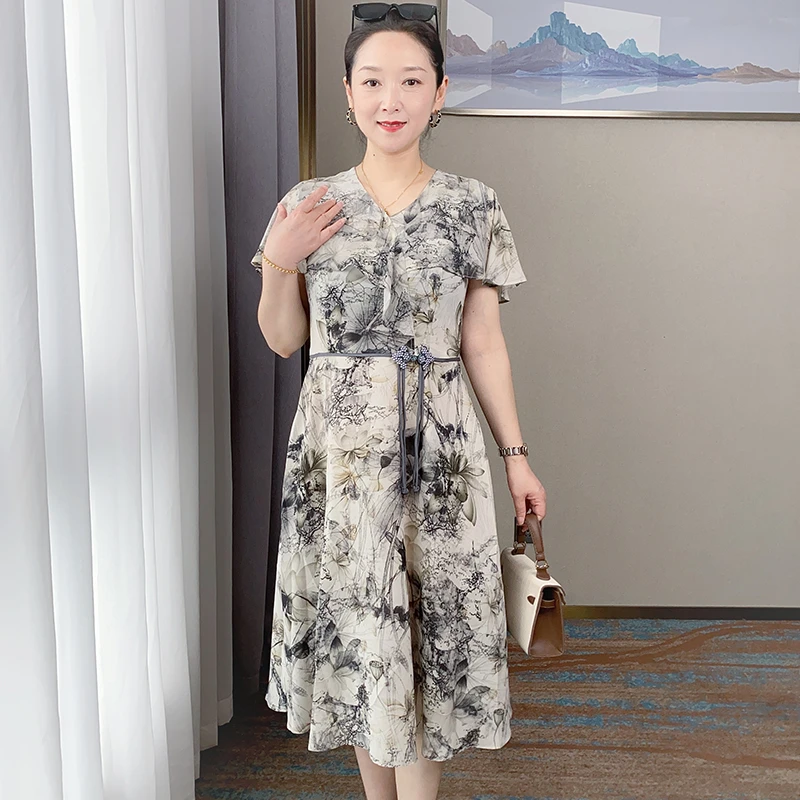 SL妈妈夏装中长款连衣裙中年女夏季裙子中老年气质大码长裙23A91