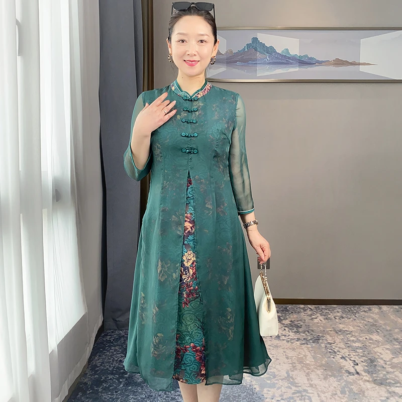 洋气妈妈夏装中长款连衣裙中年女裙子气质时尚过膝显瘦长裙YY027