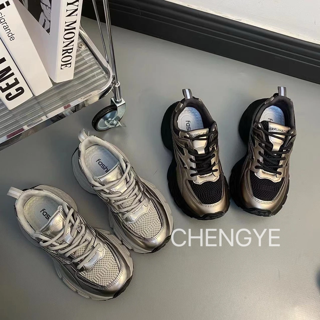 【CHENGYE】秀气短尾老爹鞋2024新款女士皮面厚底增高休闲老爹鞋