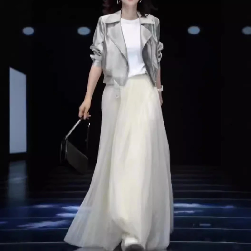 24811网红爆款女2025秋季新款帅气长袖短外套时尚垂坠感半身裙女