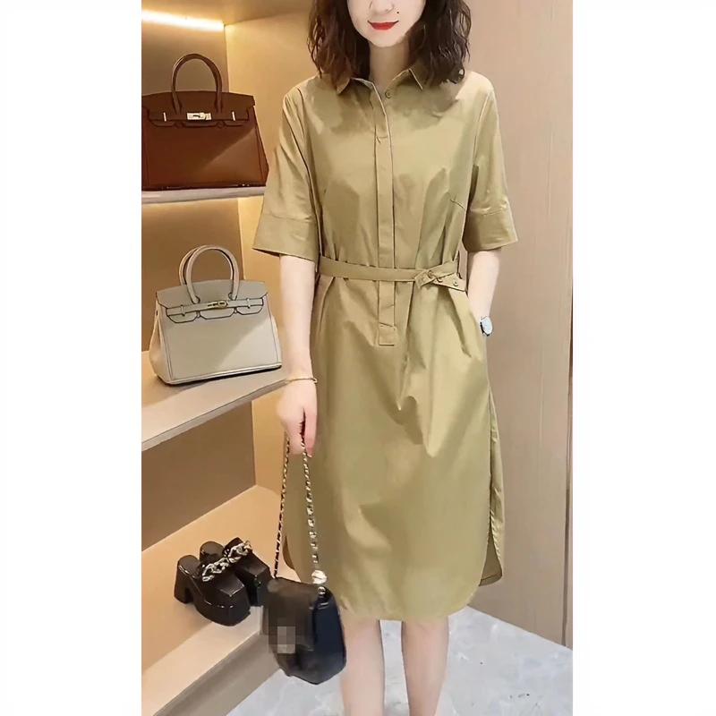 高端连衣裙女2023春夏新款设计感系带高腰宽松显瘦Polo领衬衫裙女