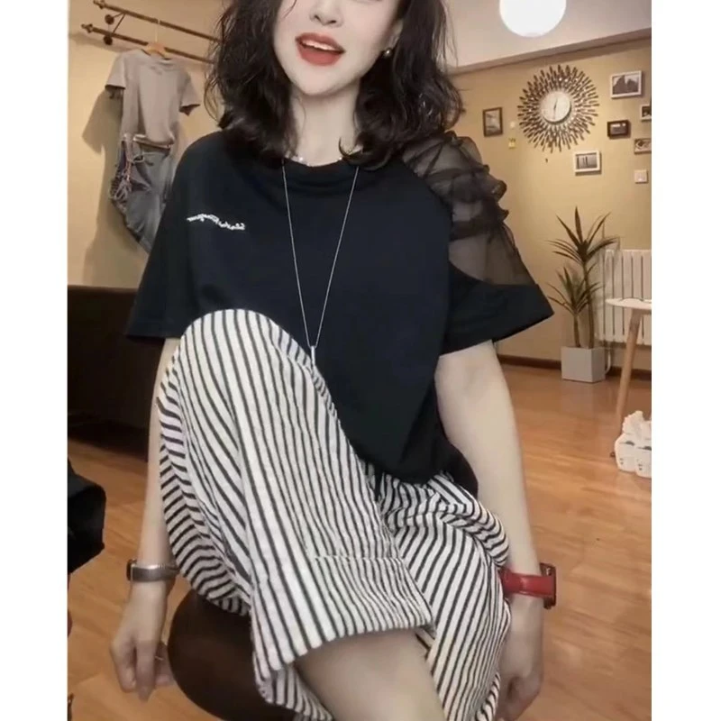 23568大爱美依缘2023夏季新款圆领字母拼接网纱T恤条纹休闲裤女装