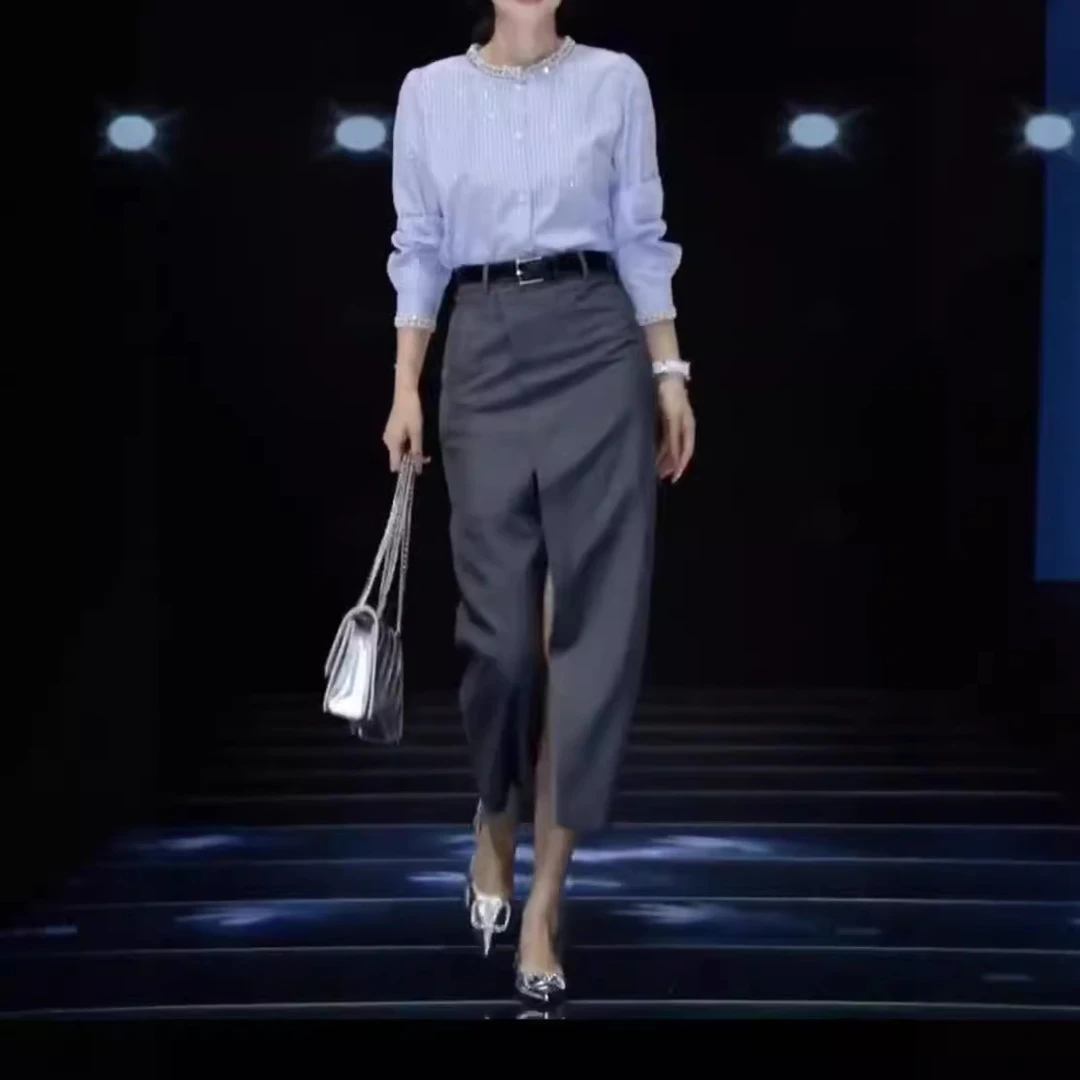 24752网红爆款女2025秋季新款港风复古通勤重工衬衫开叉半身裙女