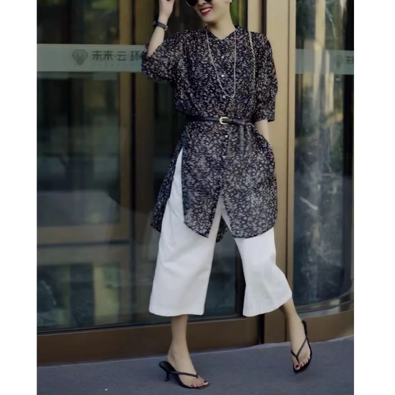 23369网红百搭秀2023夏季新款时尚雪纺长衫休闲直筒七分裤显瘦女