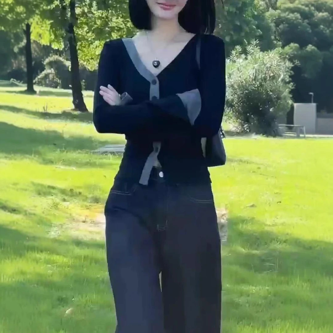 241053网红爆款女2025秋季新款纯欲性感撞色T恤高腰阔腿裤洋气女