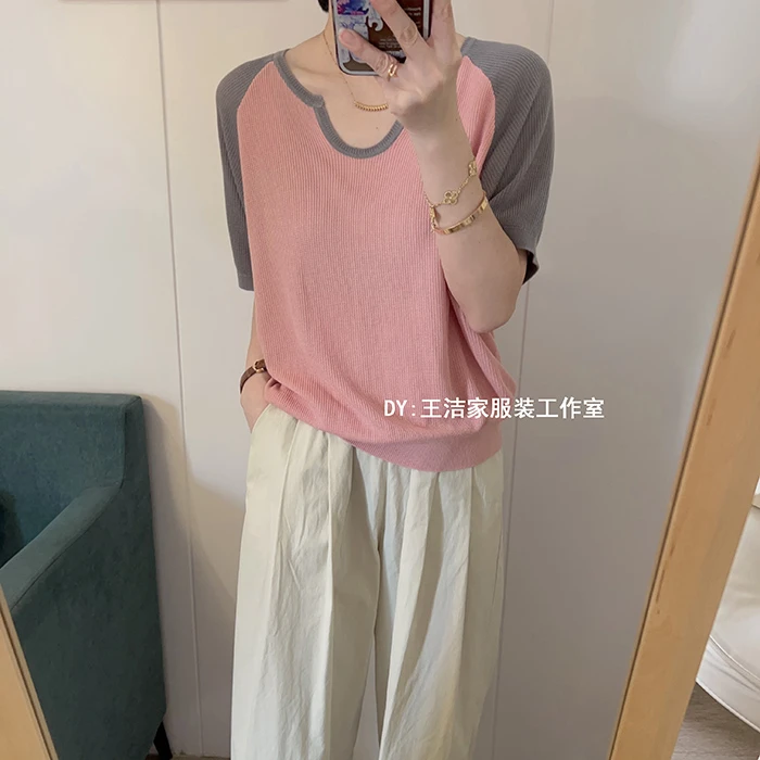 REKAYYAT《玉兰》100%天丝休闲时尚百搭舒适拼色设计感短袖针织衫