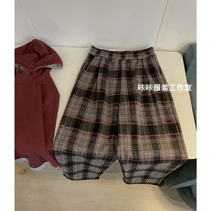 REKAYYAT “小年”韩系复古百搭个性时尚舒适加绒红色格子直筒裤