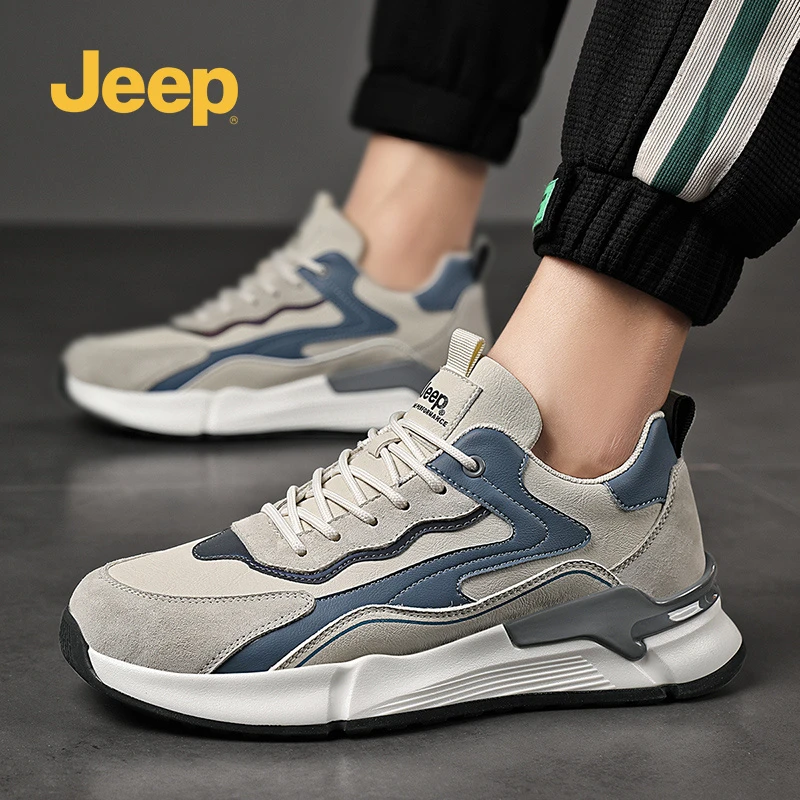 JEEP吉普男鞋2024秋季真皮跑步鞋时尚百搭板鞋防滑耐磨运动休闲鞋