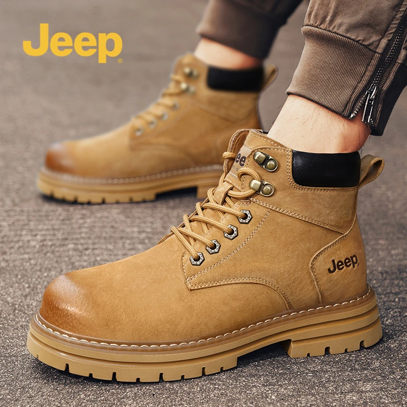 jeep吉普马丁靴男鞋2025冬季英伦中帮皮面大黄靴雪地保暖工装靴子