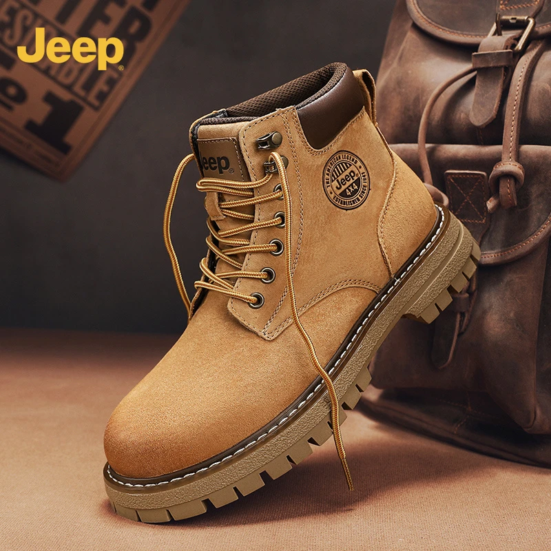 jeep吉普马丁靴男冬季新款复古休闲工装靴男士英伦真皮高帮大黄靴