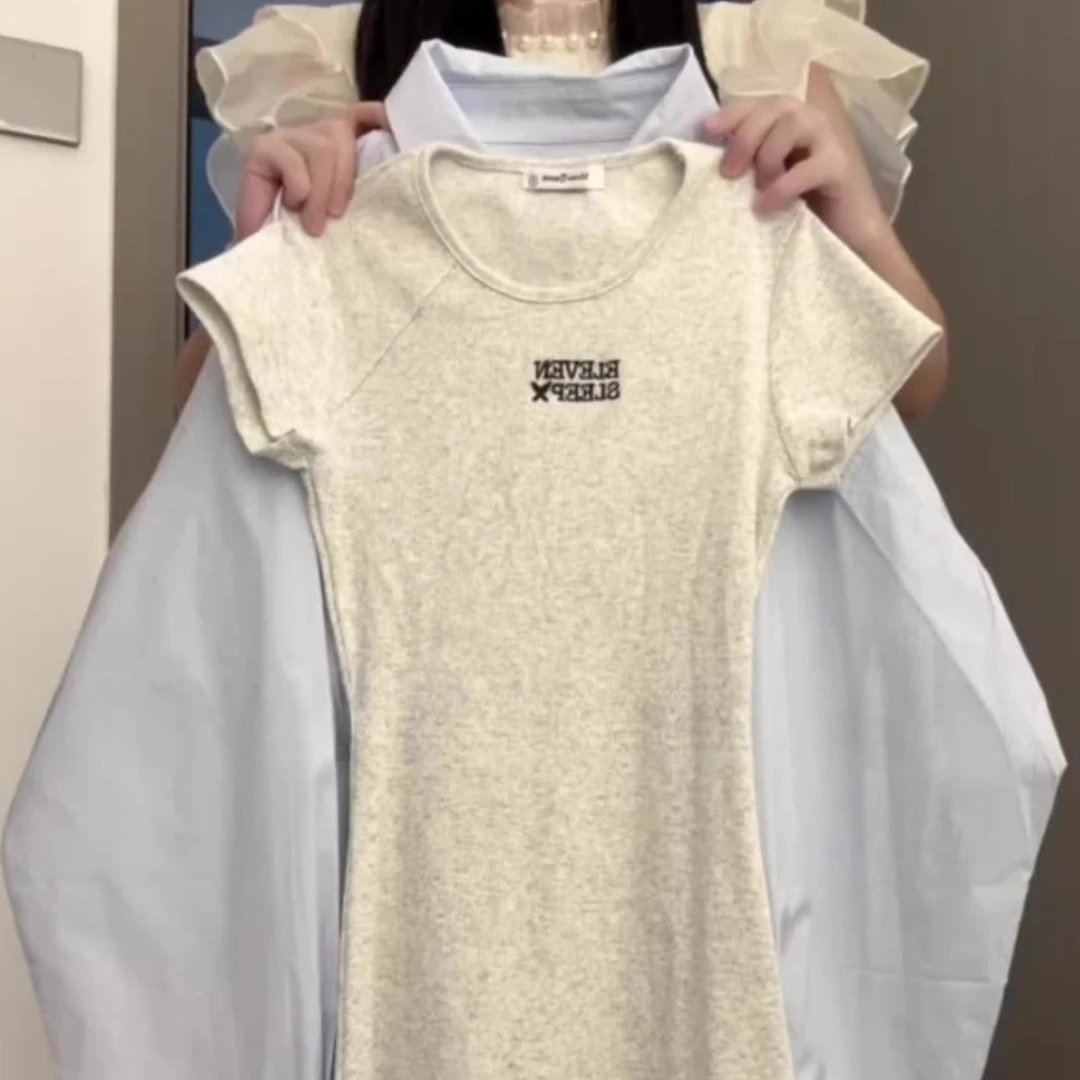 2025早秋新款圆领修身显瘦包臀连衣裙蓝色宽松衬衫外套慵懒两件套