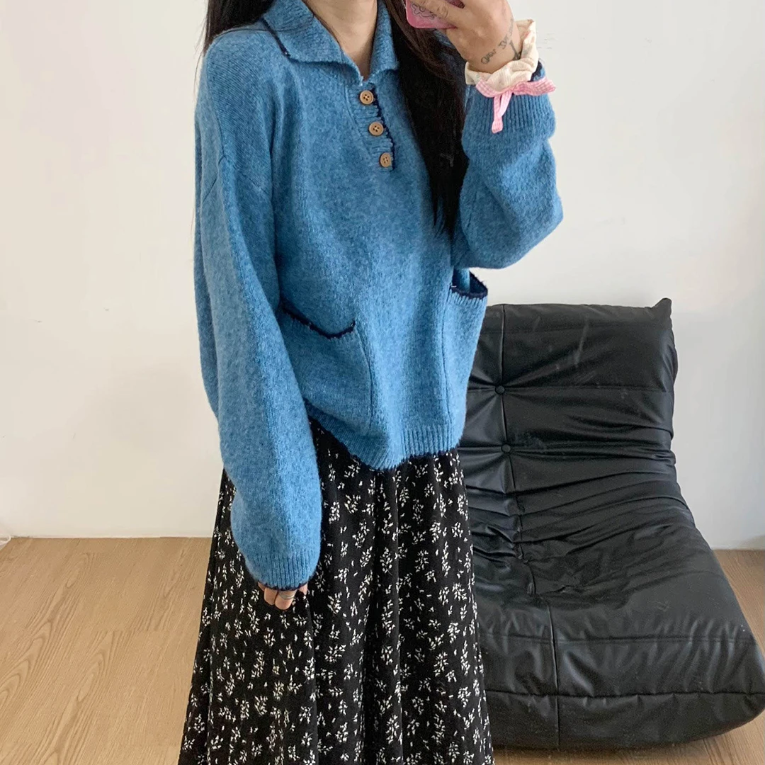 2025秋季新款韩系温柔慵懒风撞色翻领长袖针织蓝色套头毛衣上衣女