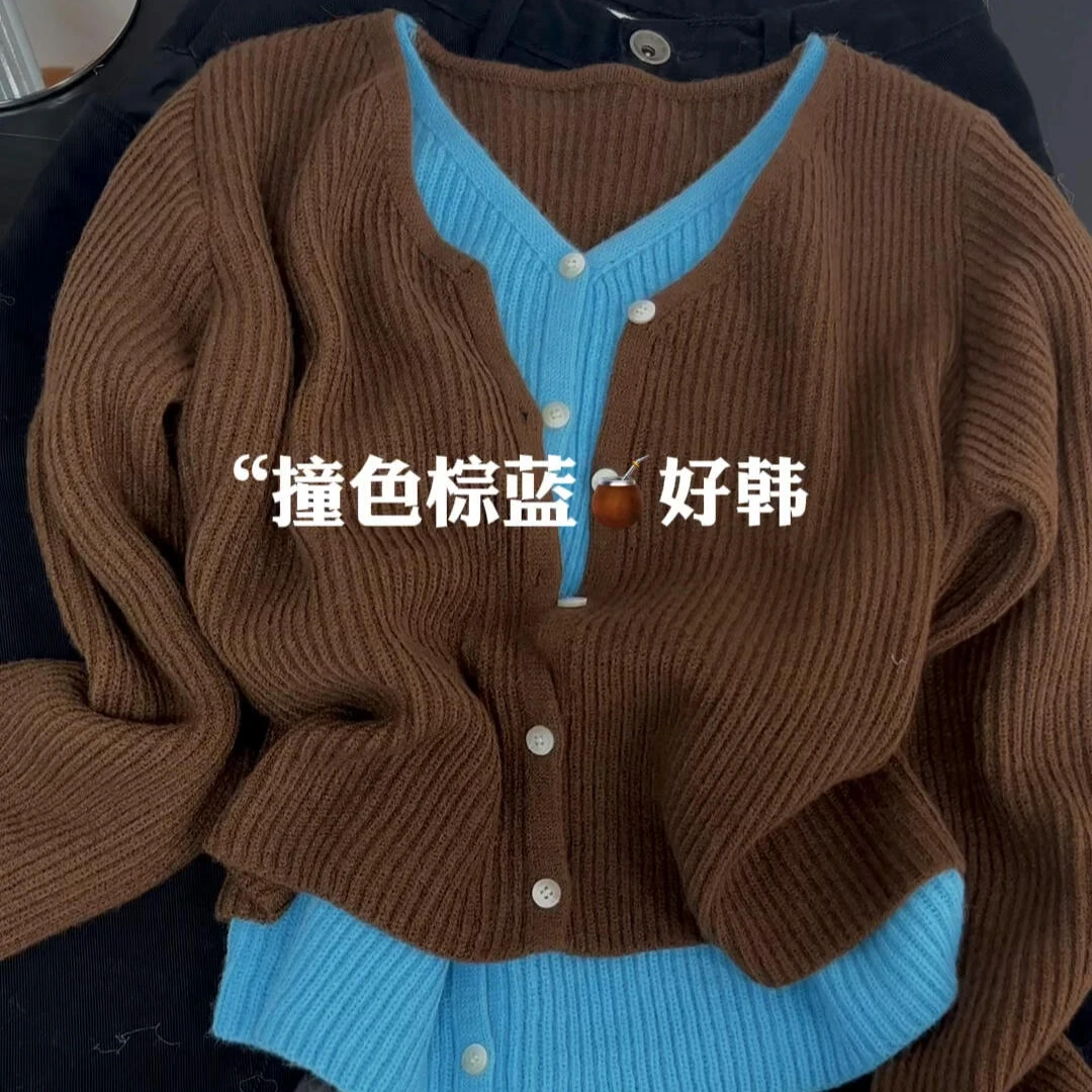 2025秋季新款韩系别致小众风拼接撞色设计感气质长袖针织毛衣上衣