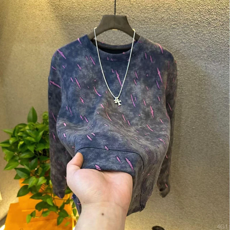 2024秋冬长袖卫衣流星条新款男款上衣爆款轻奢高定休闲破洞圆领