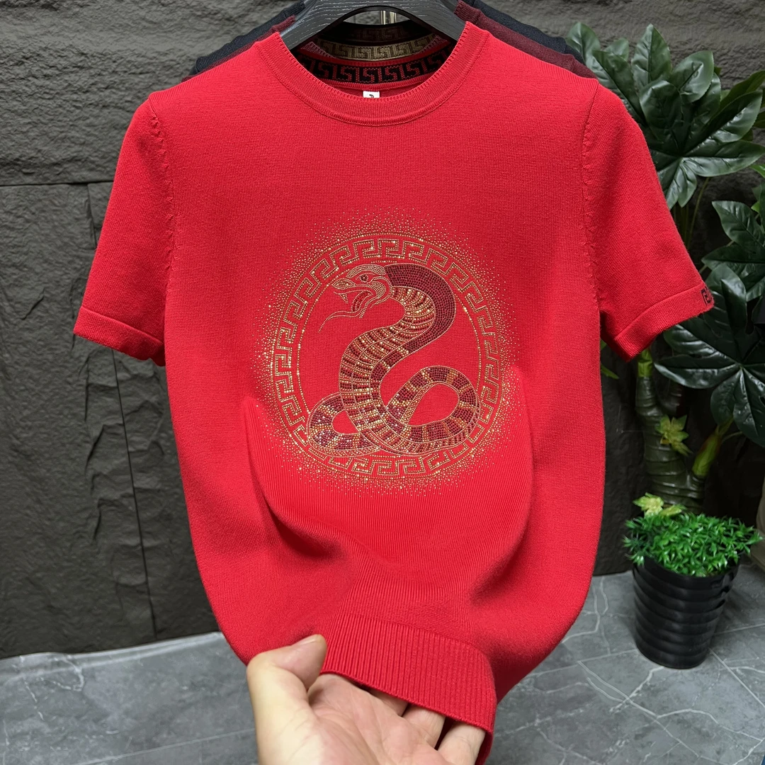 本命年红色圆领针织烫钻短袖冬季新款男士显瘦时尚百搭男装体恤衫