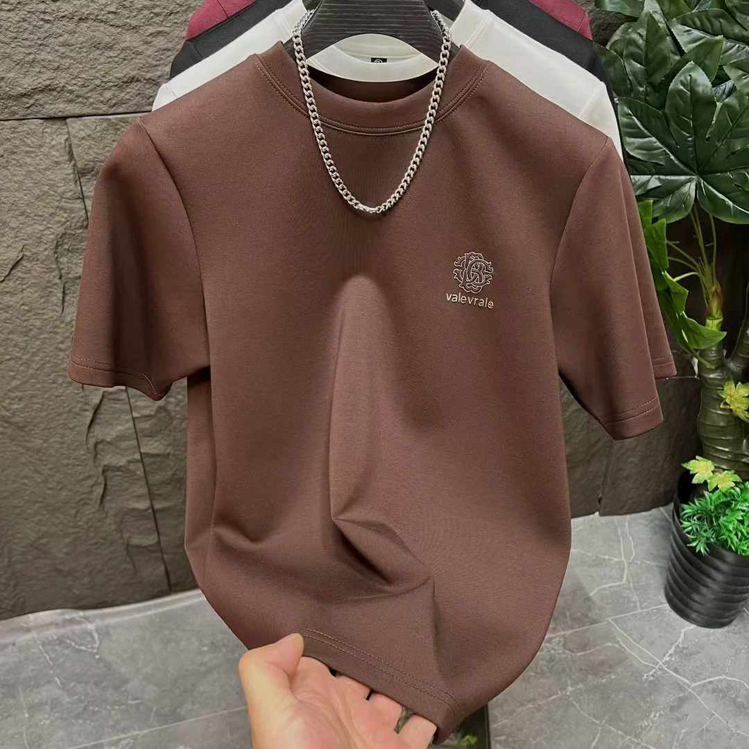 t恤男2024秋冬新款高端男士纯色半袖打底衫时尚轻奢圆领短袖T恤