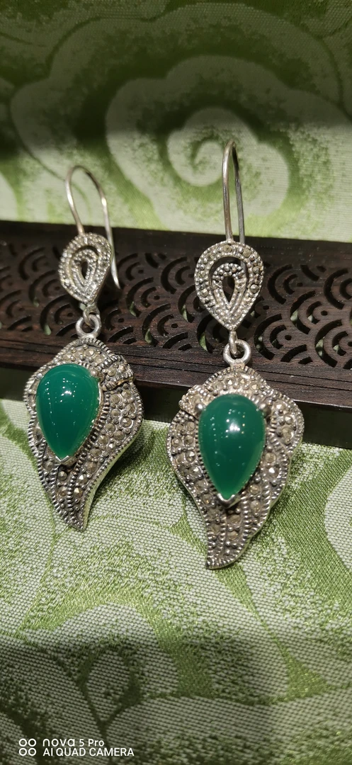 铜合金耳饰 新中式老钱风复古绿色耳环镶乌金石民族风耳饰