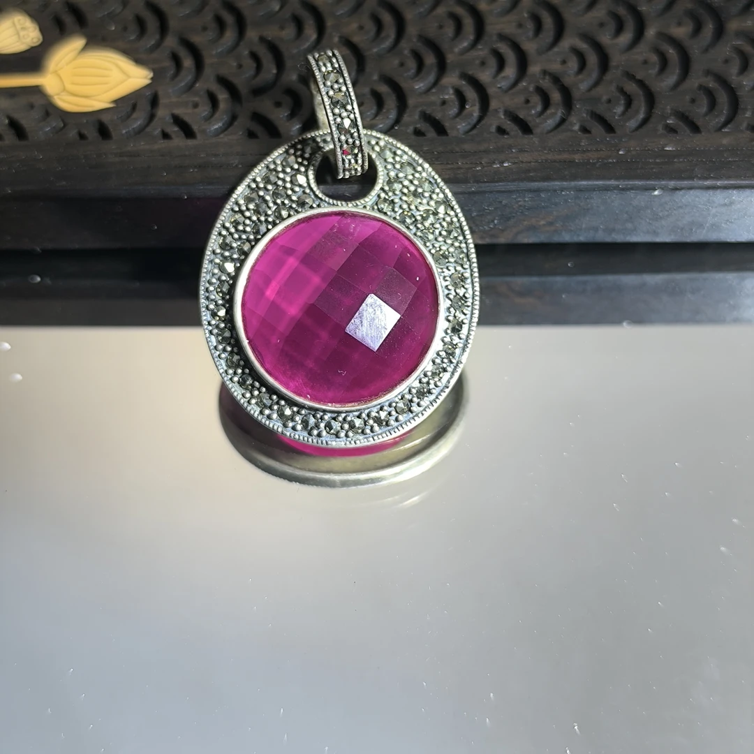 吊坠925银合成锆石 925纯银吊坠，复古怀旧手工毛衣链挂坠红钢玉色