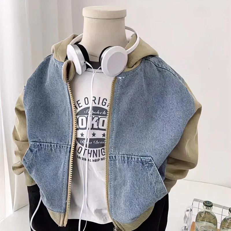 纯棉男童牛仔外套2024年春秋新款韩版儿童连帽拉链衫休闲秋款帅潮