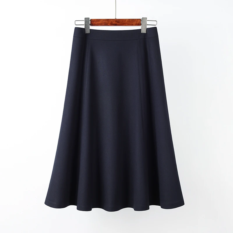 精纺羊毛半身裙秋冬款2025新款伞裙高腰气质中长款裙子藏青色半裙