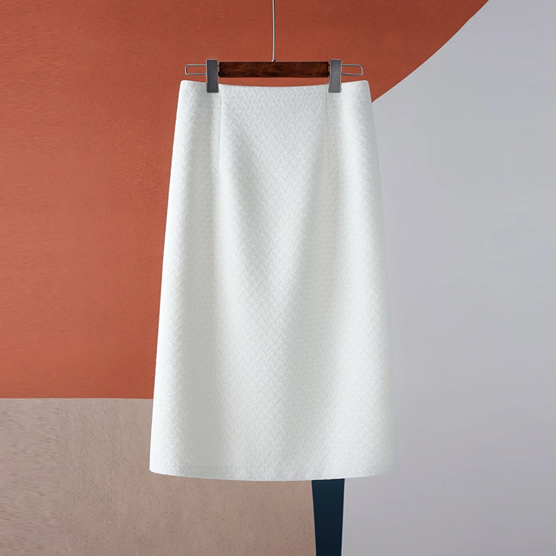 白色半身裙秋冬款A字裙高腰包臀一步直筒裙中长款气质毛呢半裙子