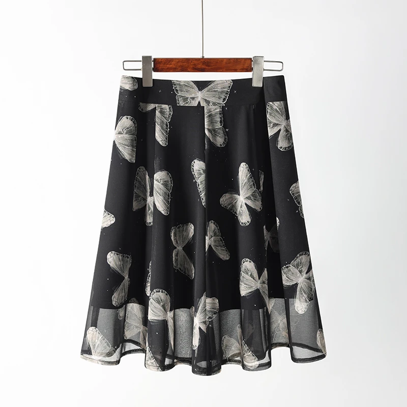蝴蝶印花黑色半身裙女夏季2025新款小个子及膝高腰显瘦A字伞裙薄