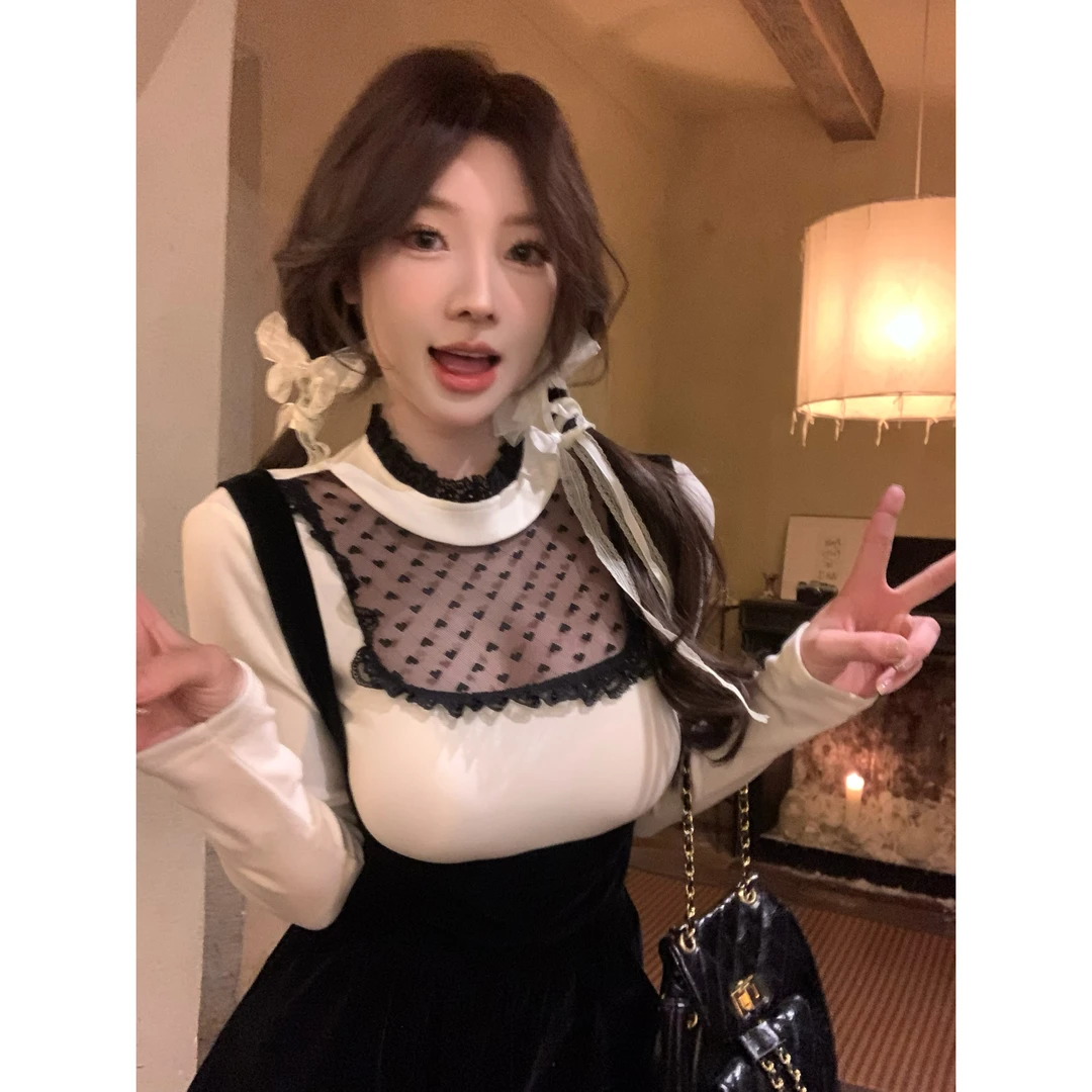 ke可可少女 纯欲风椰蓉小高领蕾丝拼接上衣秋冬修身掐腰显瘦长袖