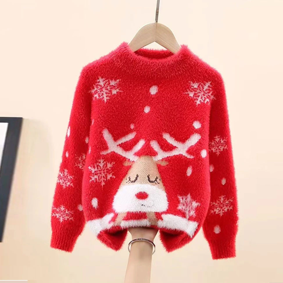 圣诞雪花儿童女童毛衣加厚大红色水貂绒中大童龙年针织上衣洋气