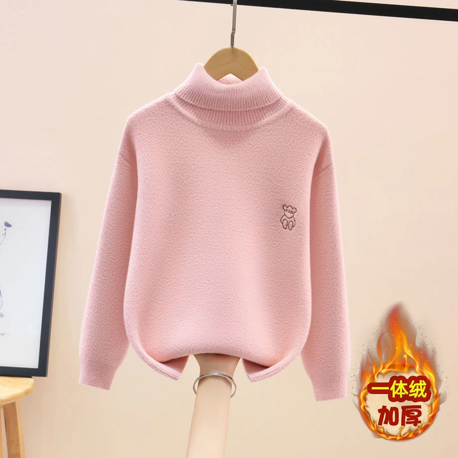 儿童纯色高领毛衣加绒加厚男女童中大童冬季学生保暖套头打底衫