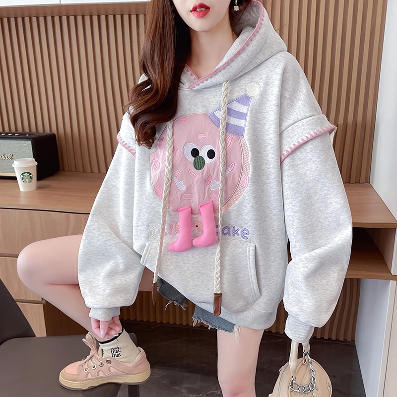 今年流行纯棉卡通刺绣加绒加厚连帽卫衣女冬新款韩版宽松外套上衣