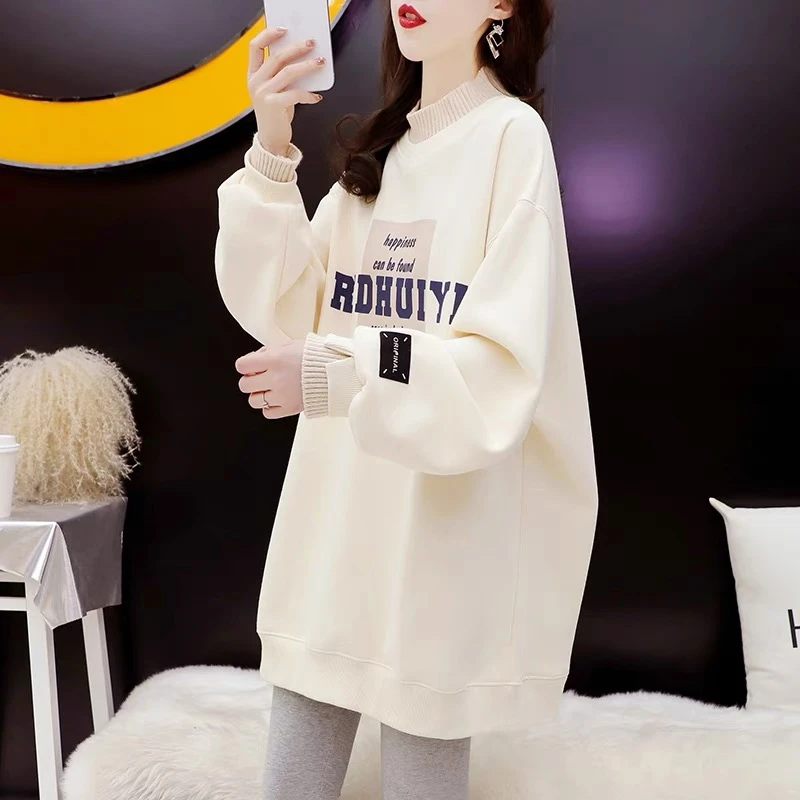宽松假两件卫衣女中长款打底衫秋冬2025新款洋气减龄加绒加厚上衣