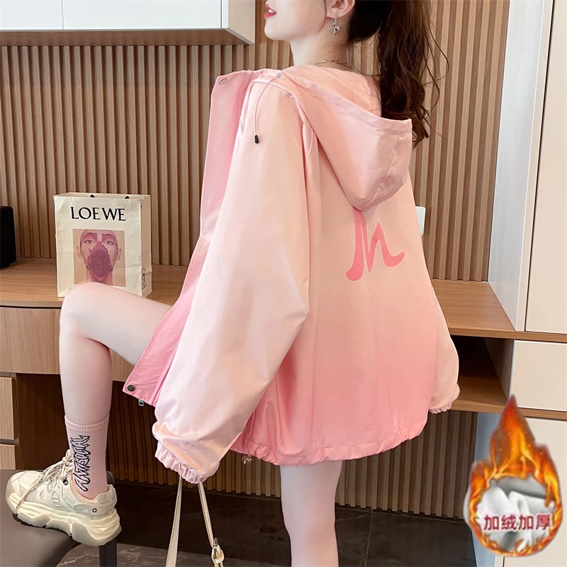 加绒加厚渐变色连帽开衫工装外套女秋冬韩版宽松冲锋风衣夹克上衣