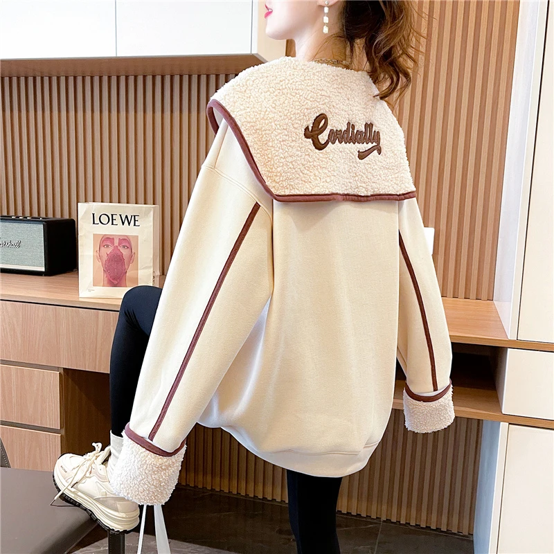 娃娃领刺绣中长薄款卫衣女秋冬装新款韩版宽松百搭设计感长袖上衣