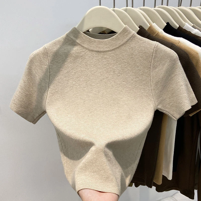 2024春夏新款纯色内搭针织衫女短款修身小高领短袖套头打底上衣潮
