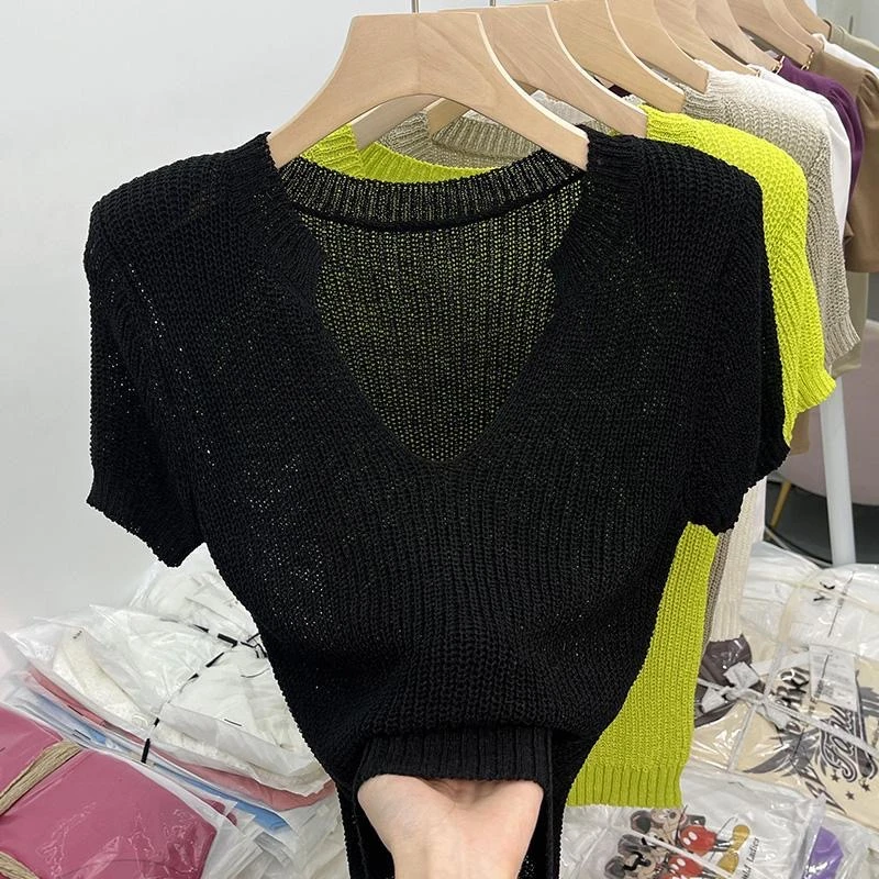 独特别致港味复古chic甜辣修身v领镂空冰丝针织衫上衣短袖t恤女夏