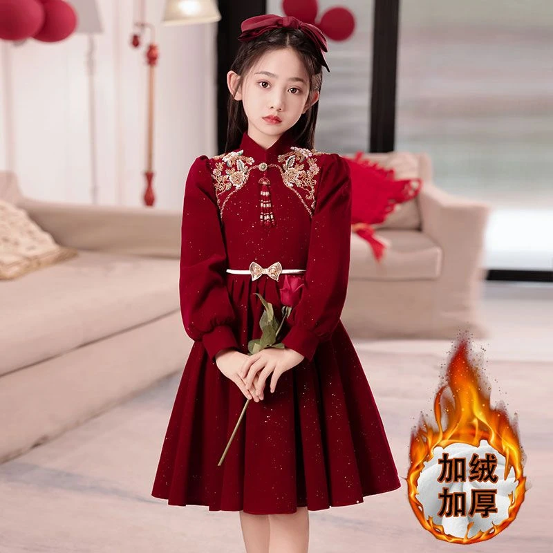 女童秋冬礼服连衣裙2025新款中国风儿童新年装拜年服加绒过年裙子
